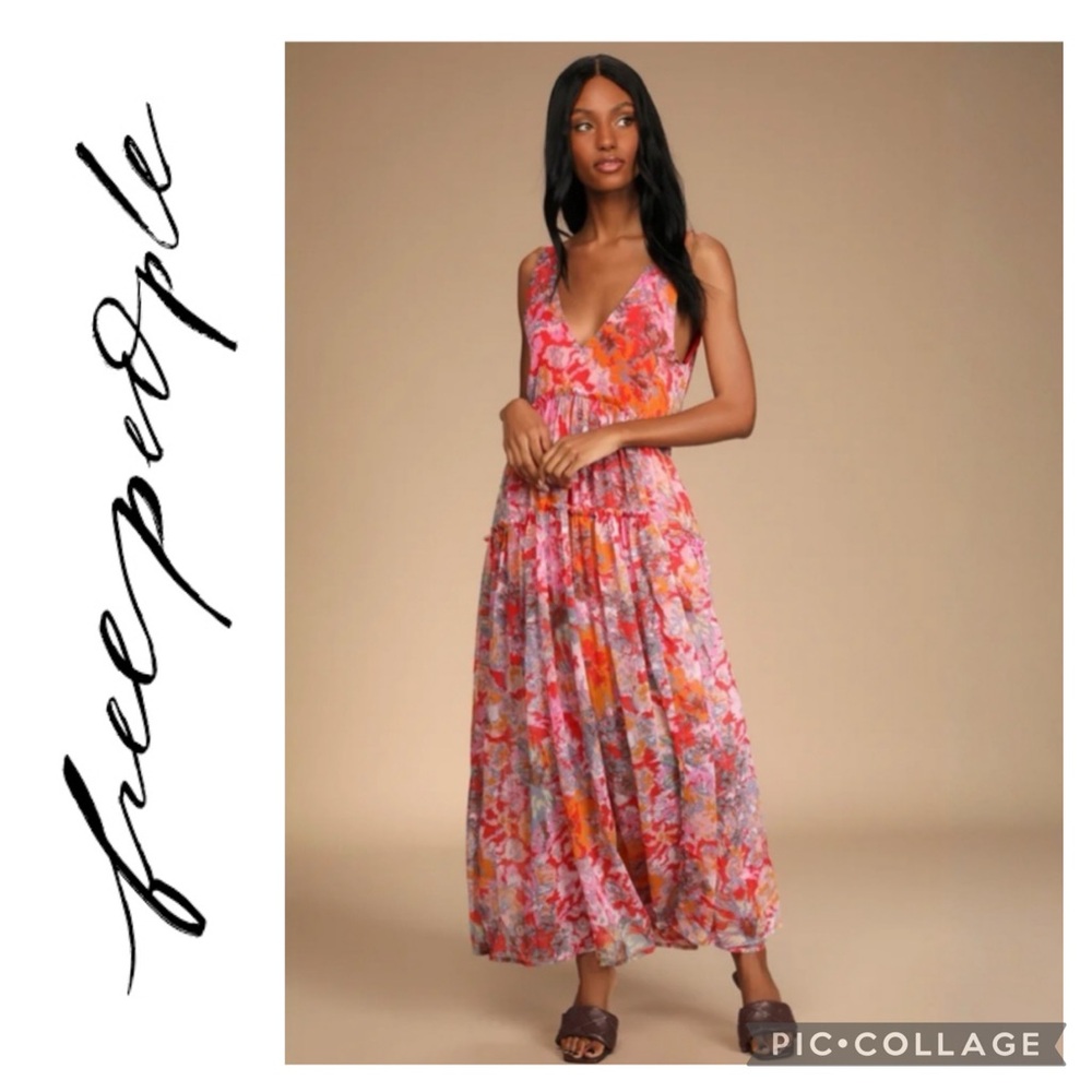 🦋Free People Juliana Tiered Flowy Abstract Chiffon Cherry Combo Maxi Dress🦋 - Picture 2 of 12